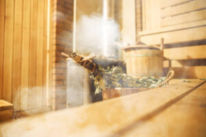 Interior of Finnish sauna, classic wooden sauna, Finnish bathroom, Relax in hot sauna with steam