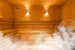 Interior of Finnish sauna, classic wooden sauna, Finnish bathroom